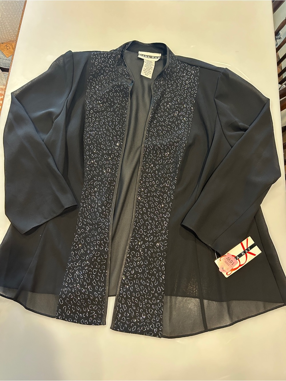 Vintage Dana Kay Black Chiffon Open Front Jacket Metallic Animal Print 16W